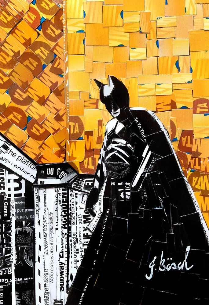 A collage artwork featuring Batman holding a newspaper, with a background made of yellow and orange blocks, some with