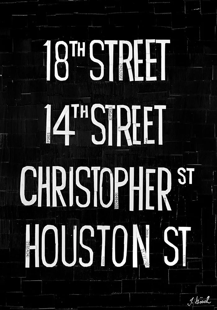 Street sign displaying the intersection of 18th Street and 14th Street at Christopher and Houston Streets, with white text on a black background.