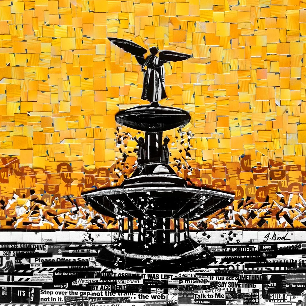A black-and-white artistic collage of a fountain with a statue of an angel on top, set against a yellow mosaic background. The collage uses newspaper and magazine cutouts for texture.