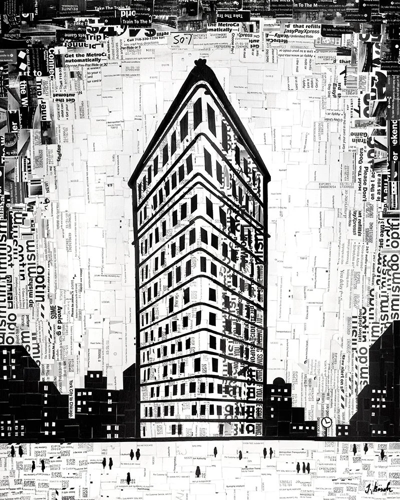 Black and white collage of a tall, modern building with multiple floors and rectangular windows, surrounded by smaller buildings, with a city street and pedestrians in the foreground.