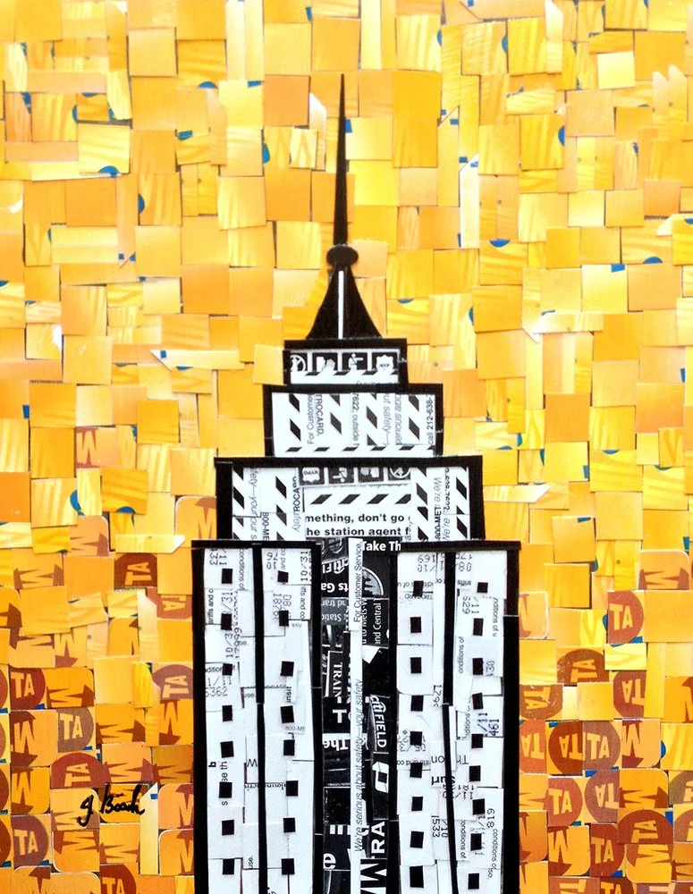 Art piece of a skyscraper made from torn event tickets hanging in front of a background of yellow paper squares and a printed wall with yellow and red round stickers.