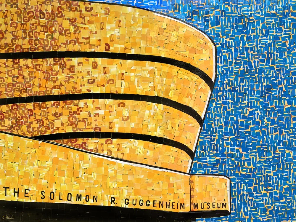 Close-up of a colorful mosaic mural of the Solomon R. Guggenheim Museum, featuring layers of yellow, orange, and blue tiles with the museum's name at the bottom.