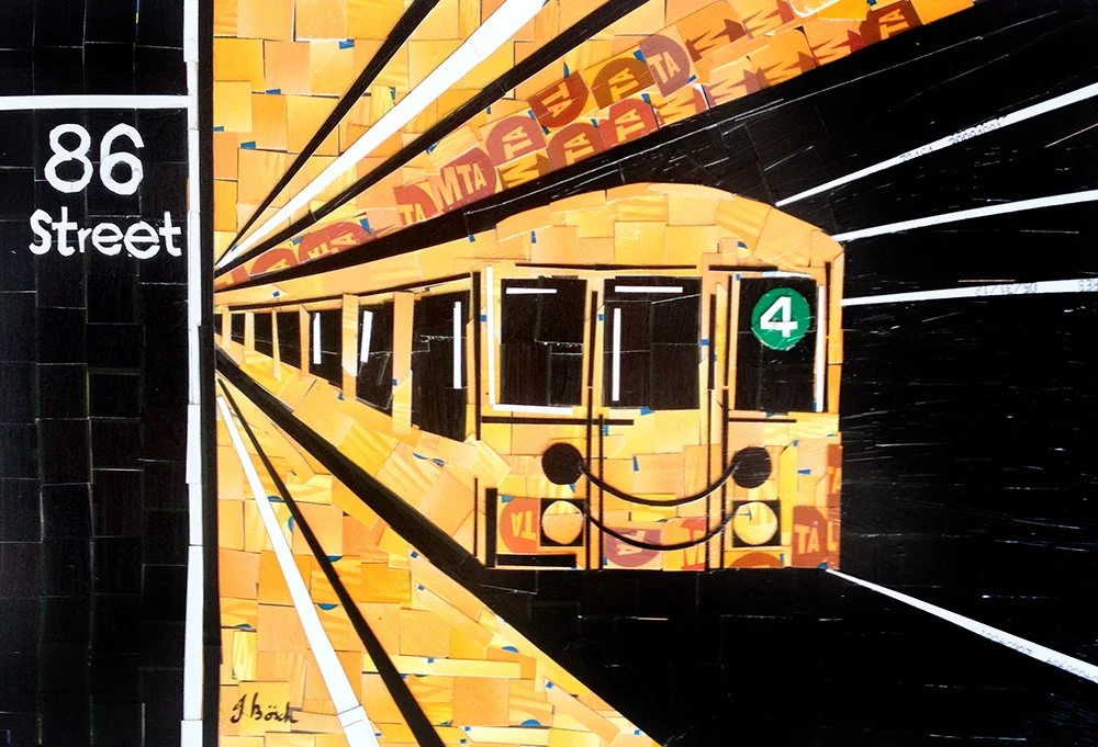 Wall mural of a subway train emerging from a tunnel at 86 Street subway station, painted with colorful tiles and street art style.