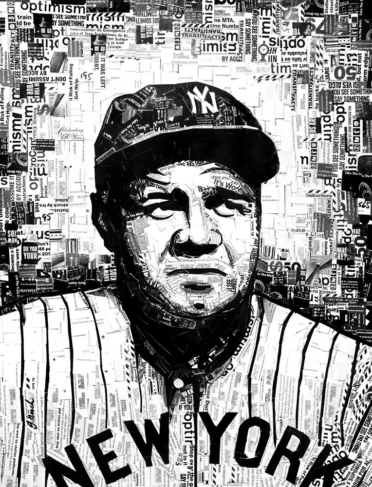 A collage portrait of a person wearing a baseball cap with the New York Yankees logo on it, created from newspaper and magazine clippings. The person is wearing a shirt with the words "NEW YORK" on it.