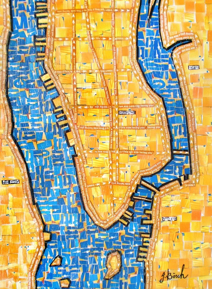 Colorful mosaic artwork of the Manhattan Bridge in New York City created with small colored tiles and pieces, with the bridge depicted in dark outlines and bright blue water underneath.