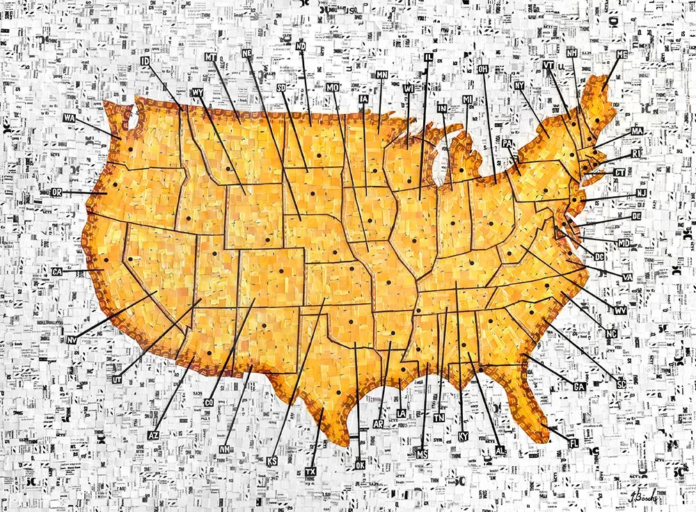 Map of the United States with each state filled with orange and yellow geometric shapes, outlined in black, and connected by black lines to their respective state abbreviations.