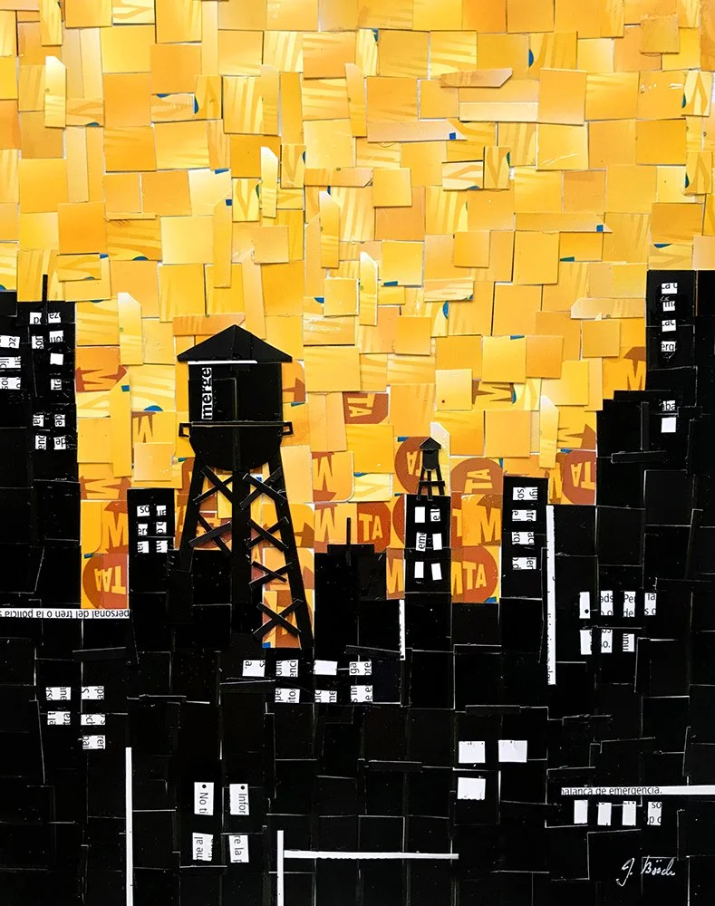 Art mosaic depicting a city skyline with a water tower against an orange and yellow background.