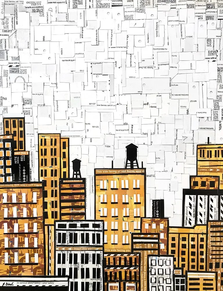 A collage of cut-out pieces of paper and cardboard depicting a city skyline with buildings in orange, black, and white, some with water towers on top, set against a background of random printed text and numbers.