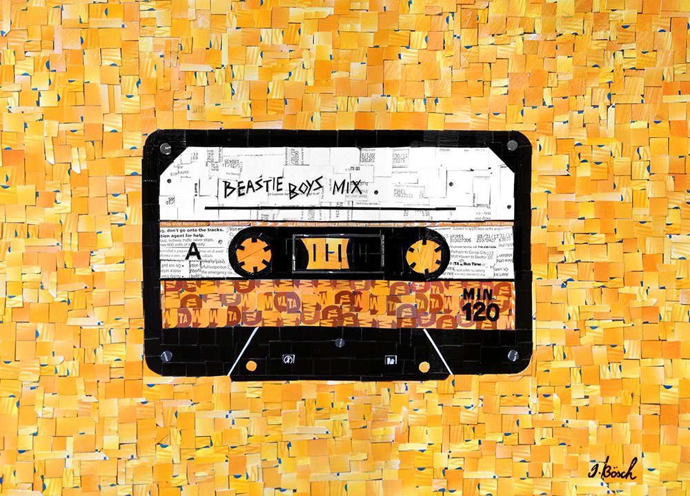 Creative artwork resembling a cassette tape with a background of yellow sticky notes, featuring the title 'Beastie Boys Mix' and signature 'J. Bosch' in the bottom right corner.