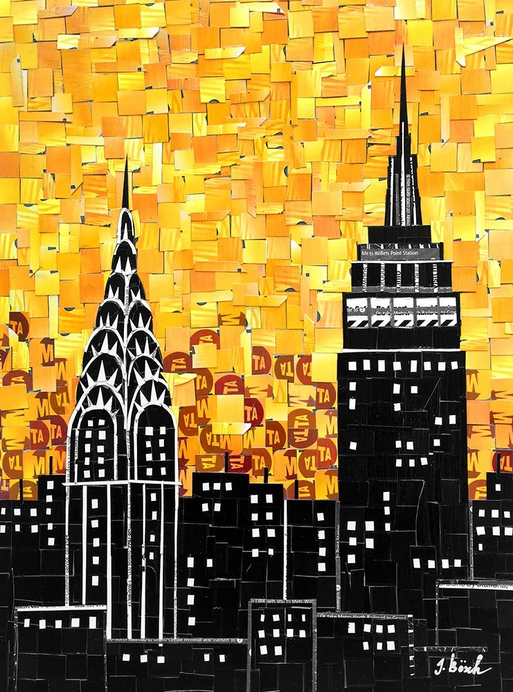 A collage of the New York City skyline featuring the Empire State Building and the Chrysler Building, with a background of orange and yellow squares and circles with the words 'WTA' and 'TA'.