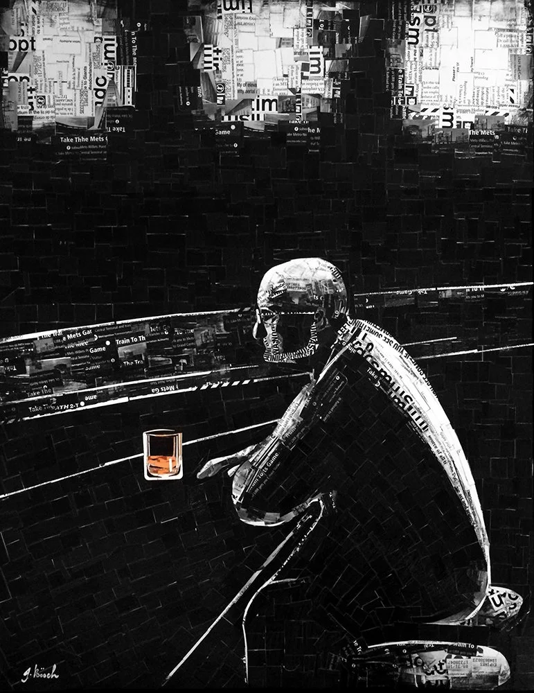 A mosaic artwork of a person wearing a helmet, sitting on what appears to be a barstool, holding a drink. The mosaic is composed of small tiles with newspaper print patterns.