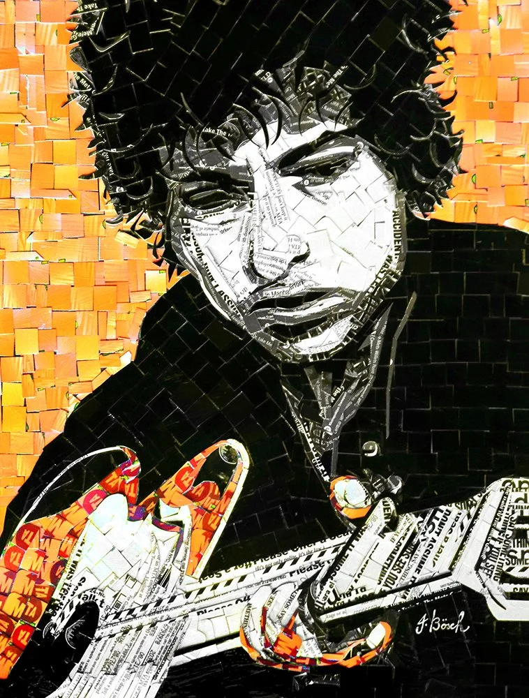 A collage mosaic of a woman with curly hair, looking down and writing in a notebook, made from cut-out magazine and newspaper pieces.