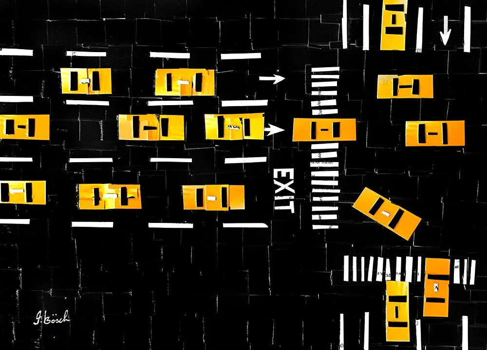 A black wall with numerous orange and white rectangular pieces attached, forming a pattern. There is an exit sign and an arrow pointing to the right, and a diagonal arrangement of some pieces. The image appears to be an abstract art piece or installa