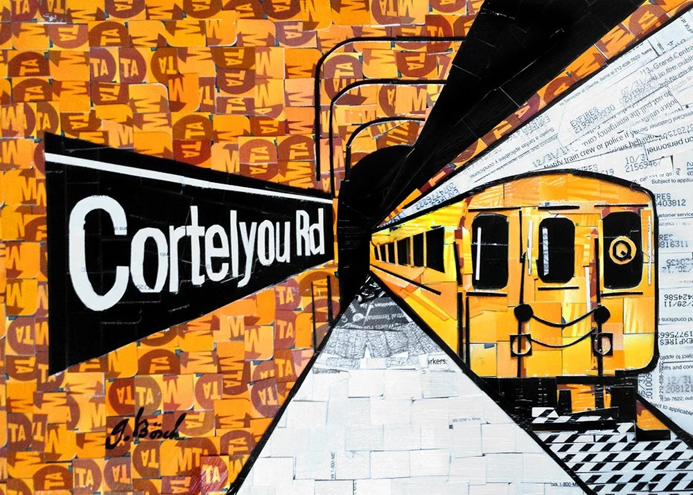 A subway station with a yellow train smiling painted on the side and an orange background covered with 'WTA' logos. A black street sign reads 'Cortelyou Rd' and there's a row of black metal chairs overhead.