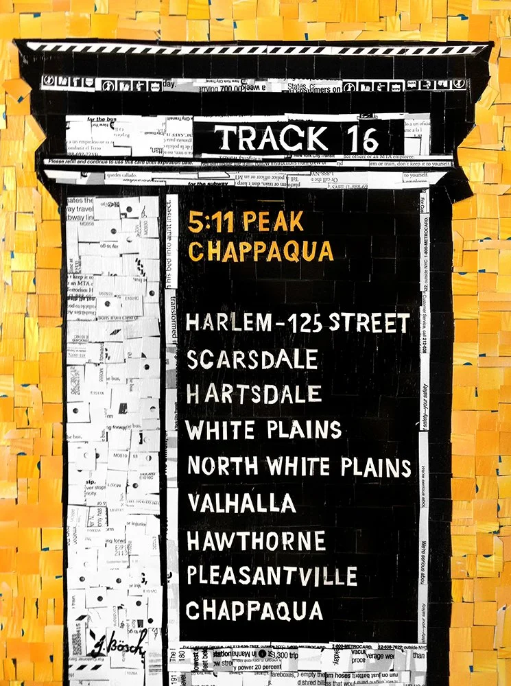 A collage art piece resembling a train schedule, featuring a black background with white and yellow text including the destination '5:11 PEAK CHAPPAQUA' and several station names, surrounded by yellow-orange mosaic tiles.