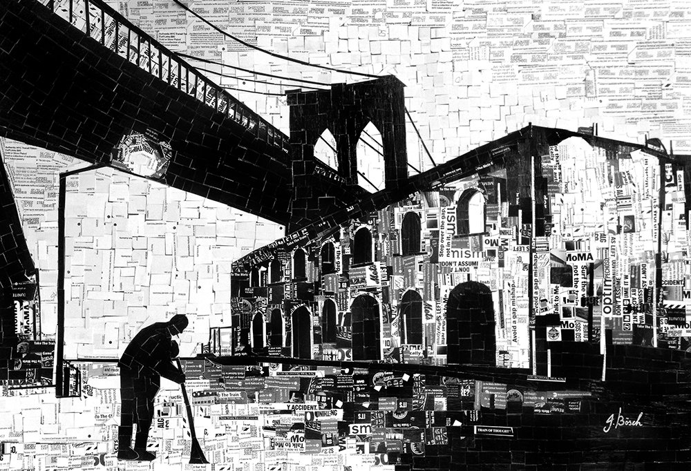 A collage-style black and white image of the Brooklyn Bridge with a man sweeping the street in front of buildings, created using various newspaper and magazine clippings.