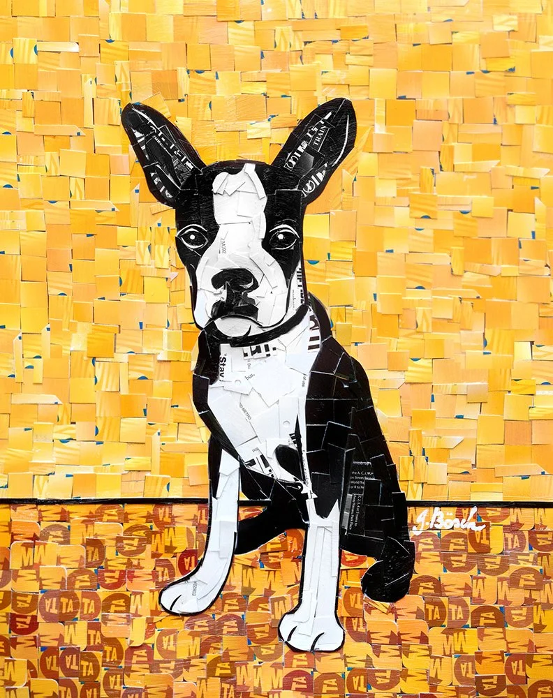 A collage art piece of a Boston Terrier dog made from cutout magazine and newspaper pieces, set against a yellow textured background and a patterned orange and yellow floor.