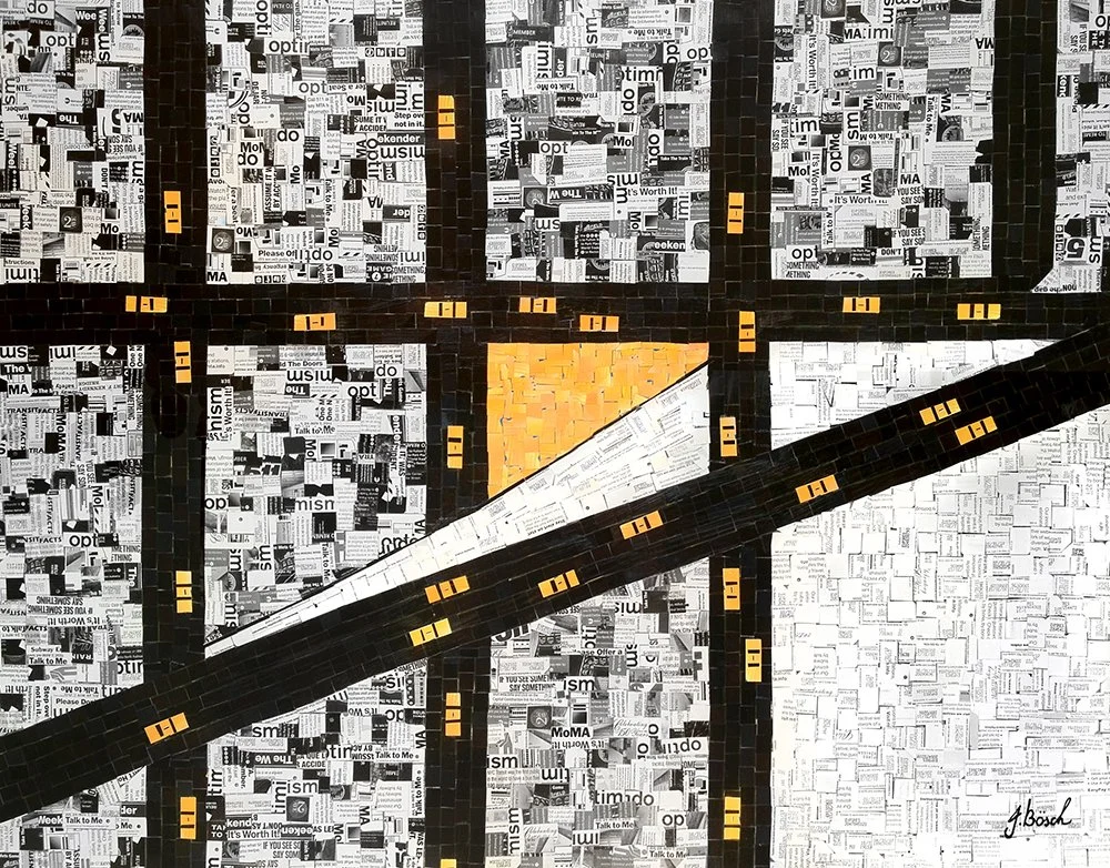 Mosaic of a window with a yellow piece of paper and a black diagonal line, created from black, white, and orange tiles in a newspaper collage style.