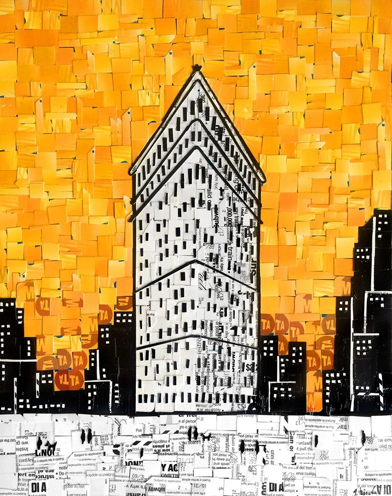 Collage of a city skyline with a tall skyscraper in the center, created from layered paper and magazine cutouts, with a vibrant orange background representing the sky.