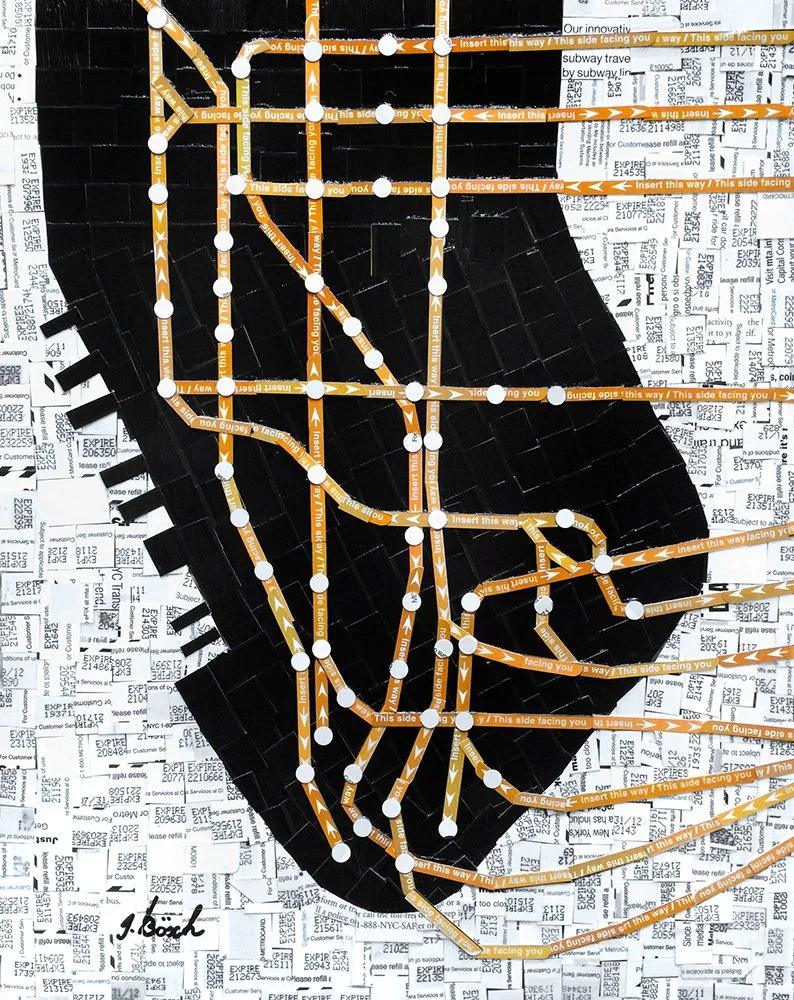 A transportation map with numerous orange bus routes overlaid on a black background, accompanied by printed transit schedules and receipts underneath.