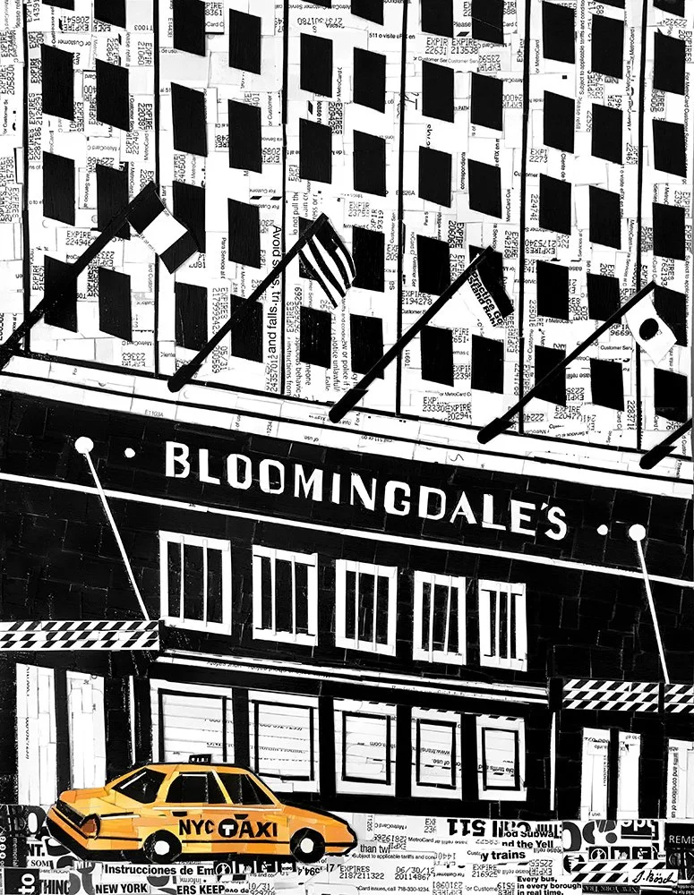 Black and white photo of a city street scene featuring a building with the sign 'Bloomingdale's' and a yellow NYC taxi in the foreground.