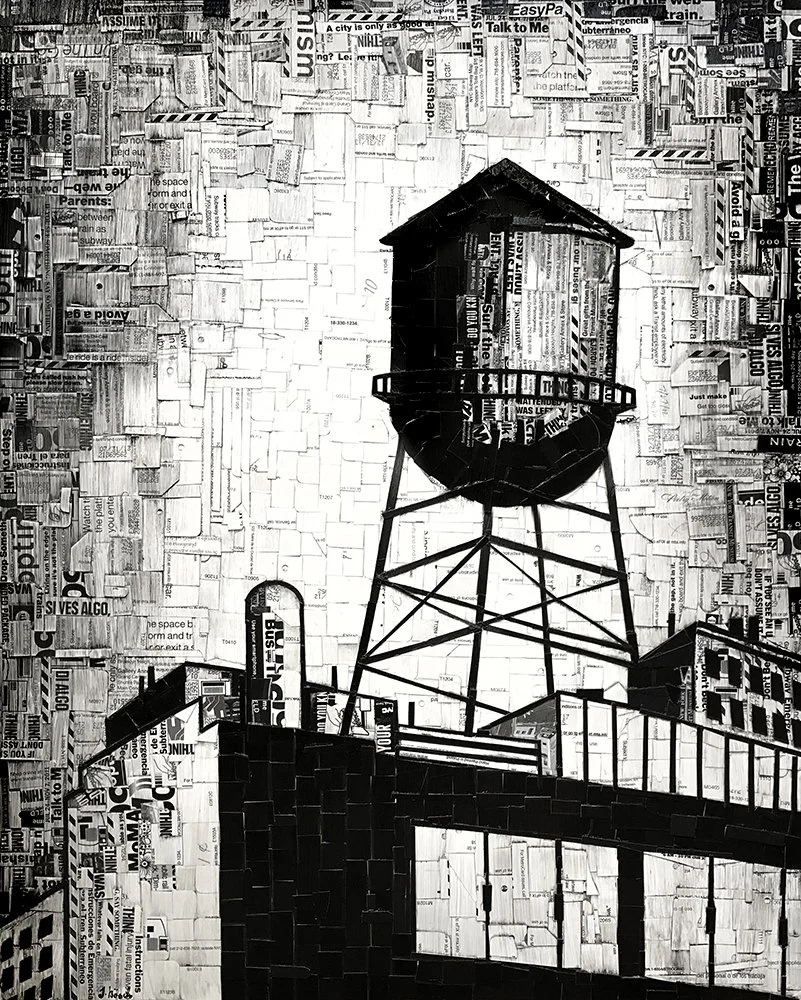 Black and white collage of a water tower situated on a platform with a railing, against a background of layered newspaper clippings.