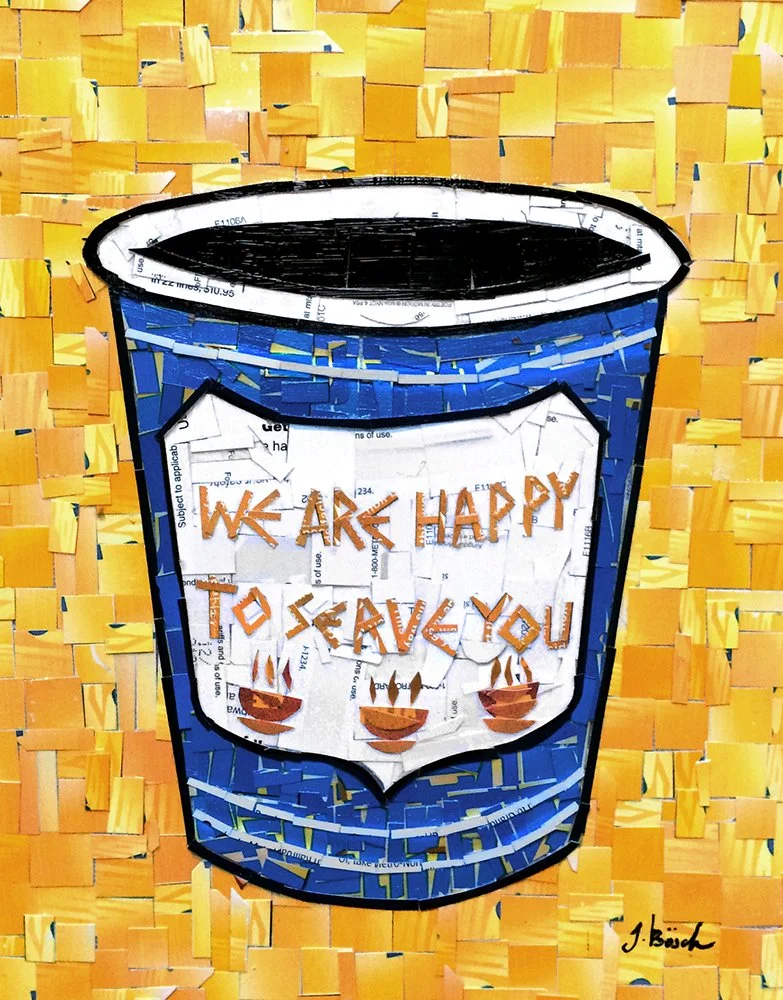 A mosaic art piece depicting a cup with a message that reads 'We are happy to see you' on a yellow background.