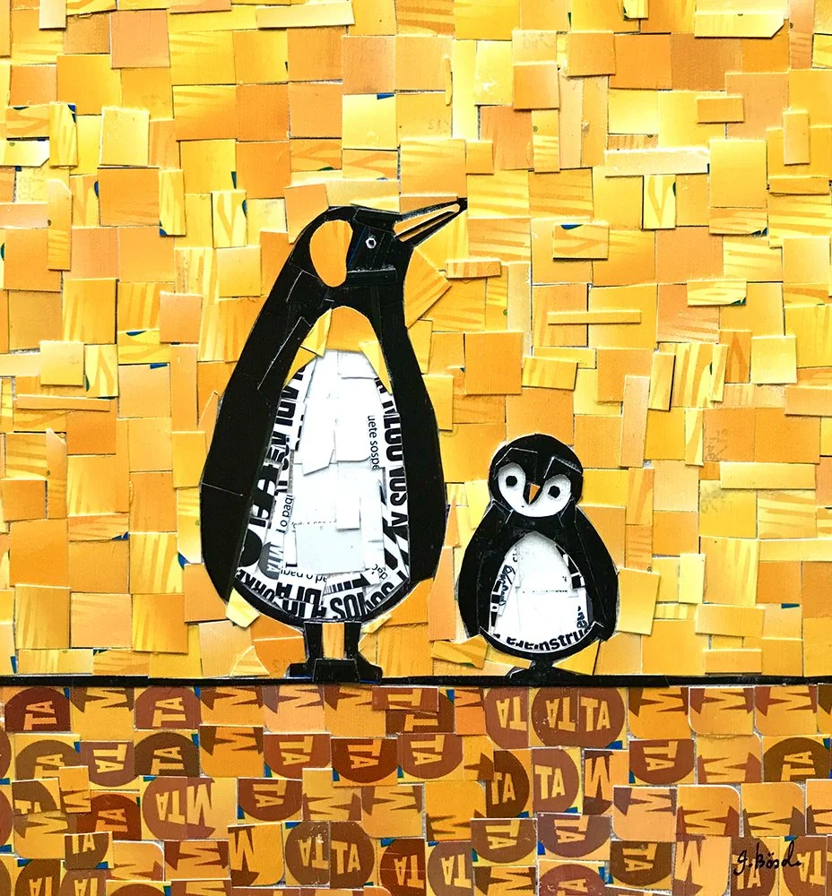 Decorative collage featuring a penguin and a bird, made from cut-out magazine or paper pieces, against a vibrant yellow and orange patterned background.
