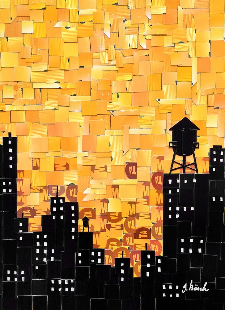 Silhouette of a city skyline with black buildings and white windows against a colorful background resembling a sunset or sunrise, with an orange sky and yellow hues, and American football logos scattered throughout.