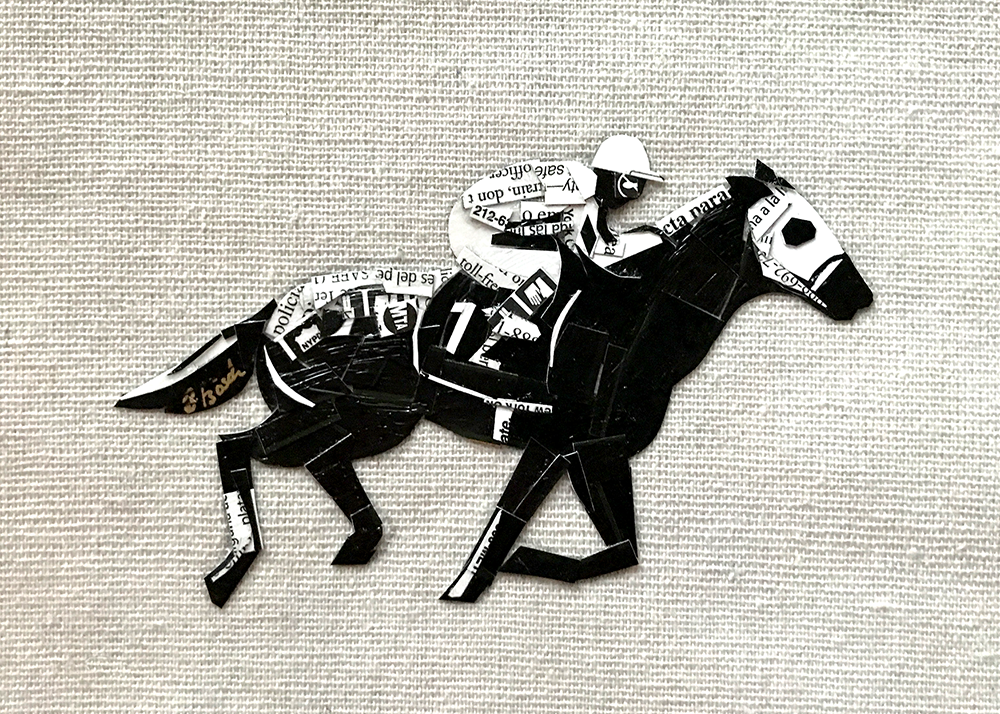 A collage of torn paper pieces assembled to resemble a running horse.