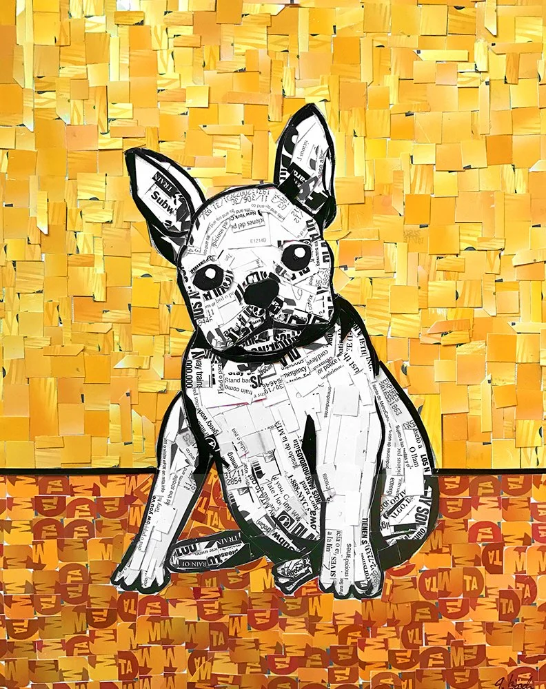 Collage of a puppy made from cut out newspaper and magazine pieces, sitting on an orange and red background with a yellow wall background.