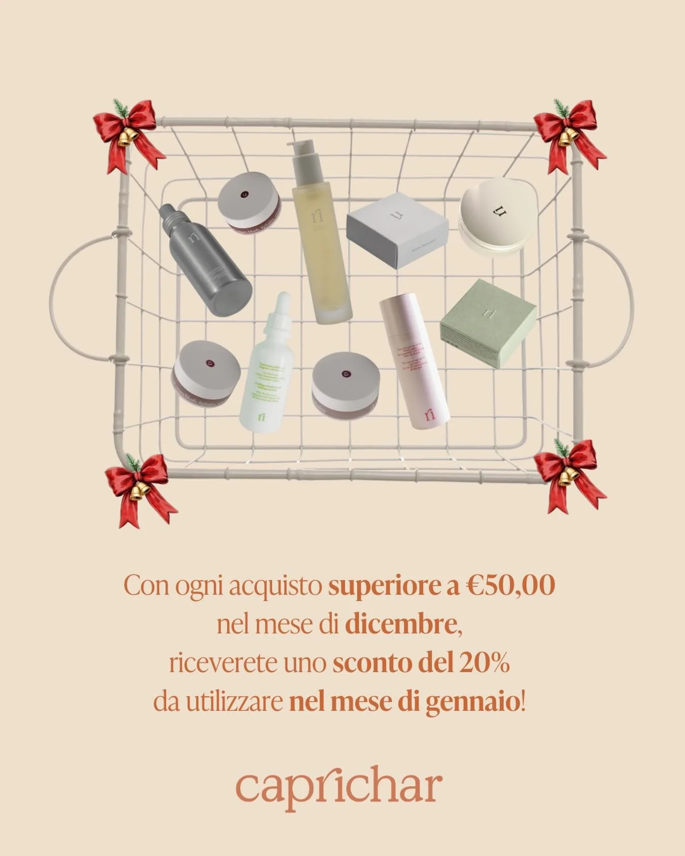 Il nostro regalo di Natale! 
Nel sito di CAPRICHAR con ogni acquisto superiore a &euro;50,00 nel mese di dicembre, riceverete uno sconto del 20% da utilizzare nel mese di gennaio!! 

#caprichar #capricharfam #capricharnature #skincare #haircare #make