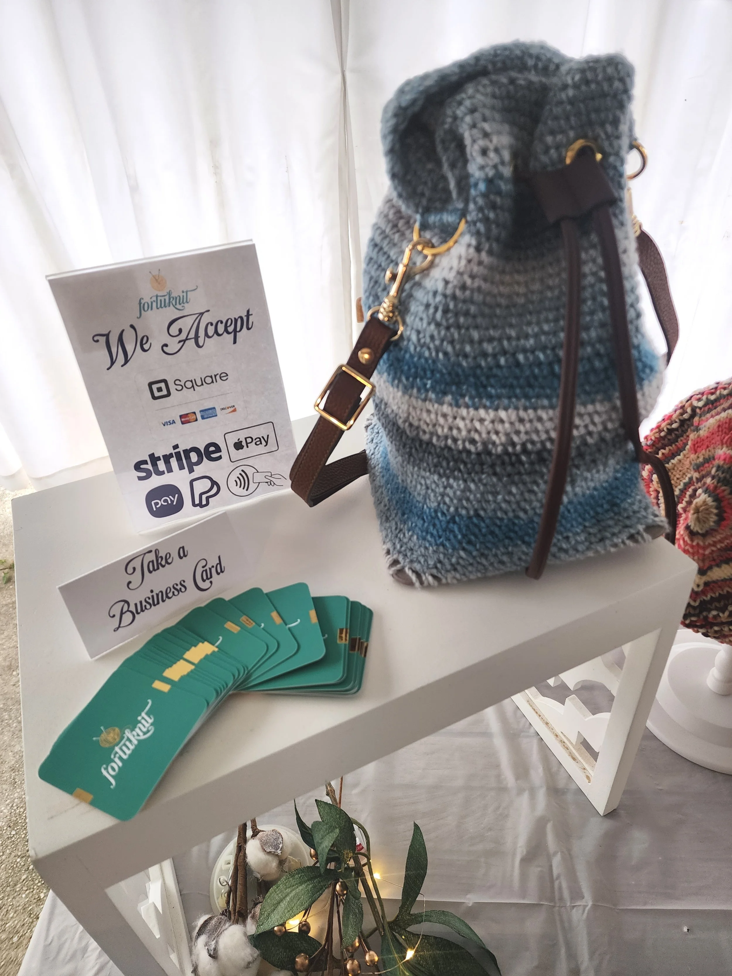 fortuknit business cards &amp; Bequia Bucket Bag