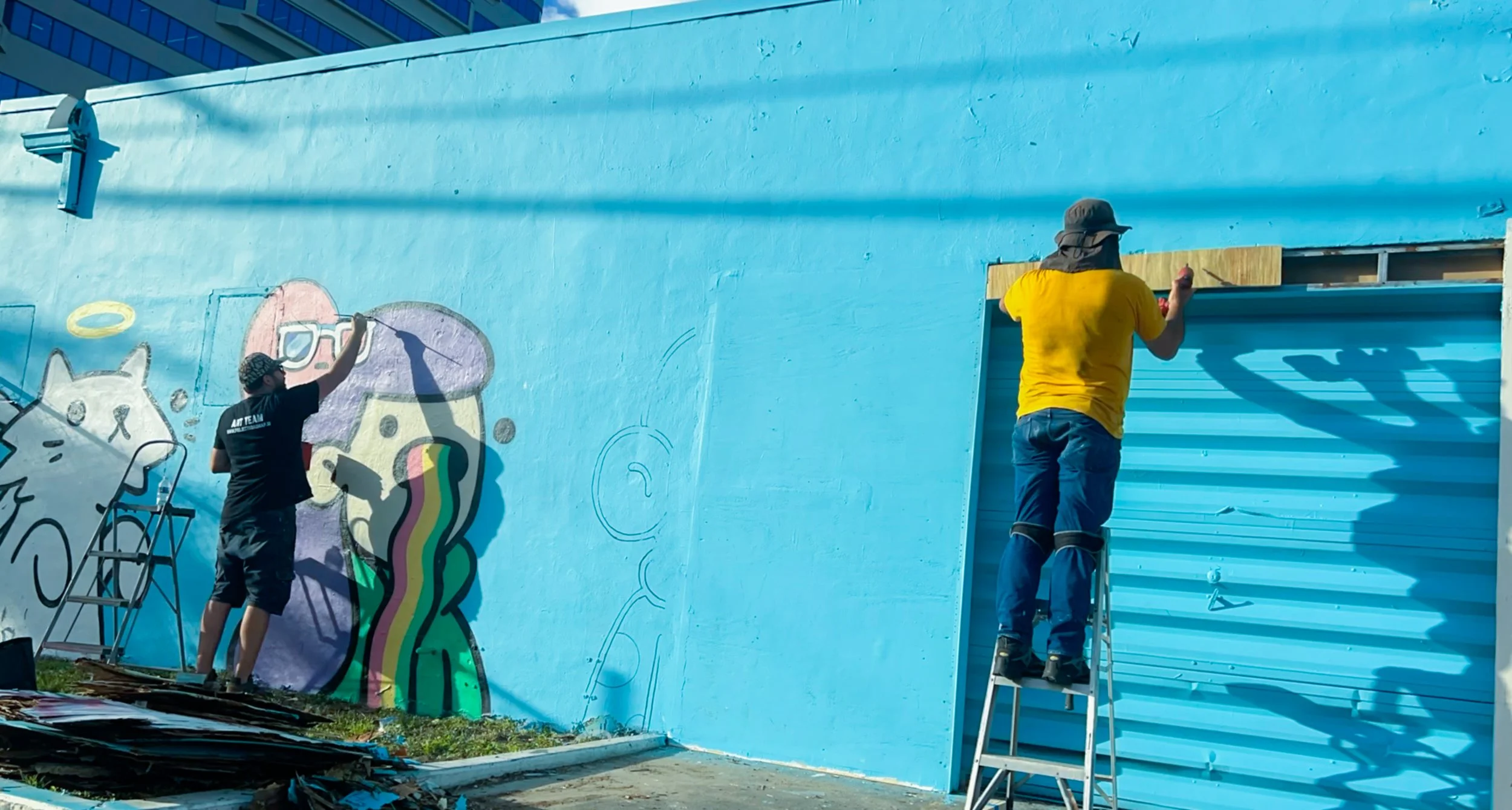 Doodles Mural - White Walls Mural - Miami Wynwood Midtown Miami Murals - Painted by Roc Sol and Dee Perez from Project Roadmap Murals - Wynwood Walls - Wynwood Mural - Miami Murals - Doodles NFT Mural - Pharrell Williams - Blondie White Walls App