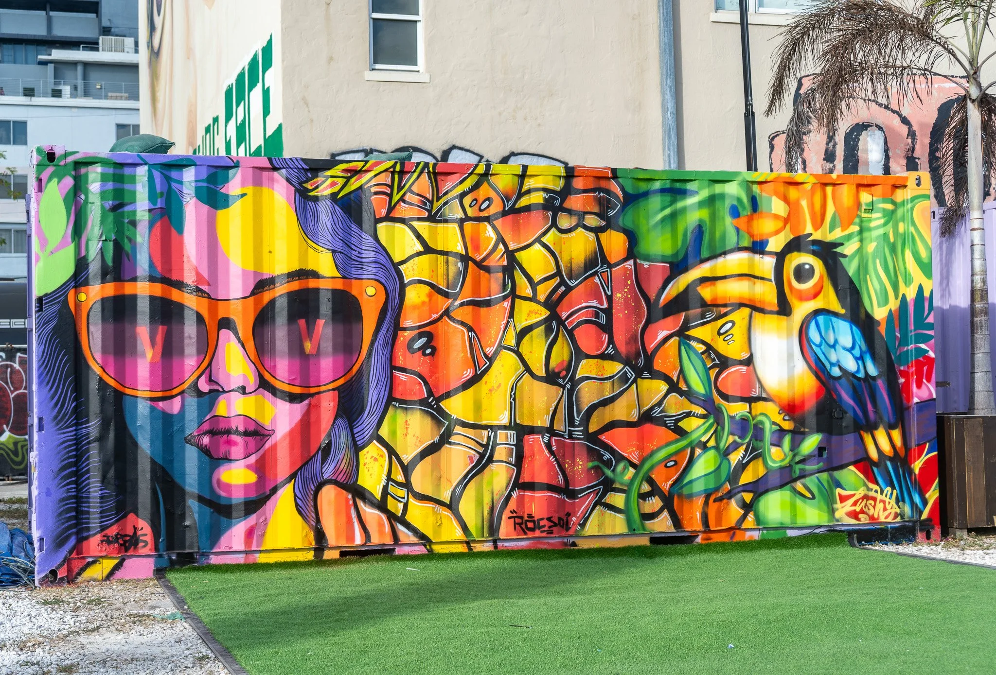 HIVE 2024 A cocktail art and culinary village in Wynwood Miami Art Week Live painting a Mural Container for Verizon Miami Art Week Art Basel Mural with Roc Sol Dee Perez and Miss Lushy with Project Roadmap Murals at The Wynwood Marketplace with DJ Fr