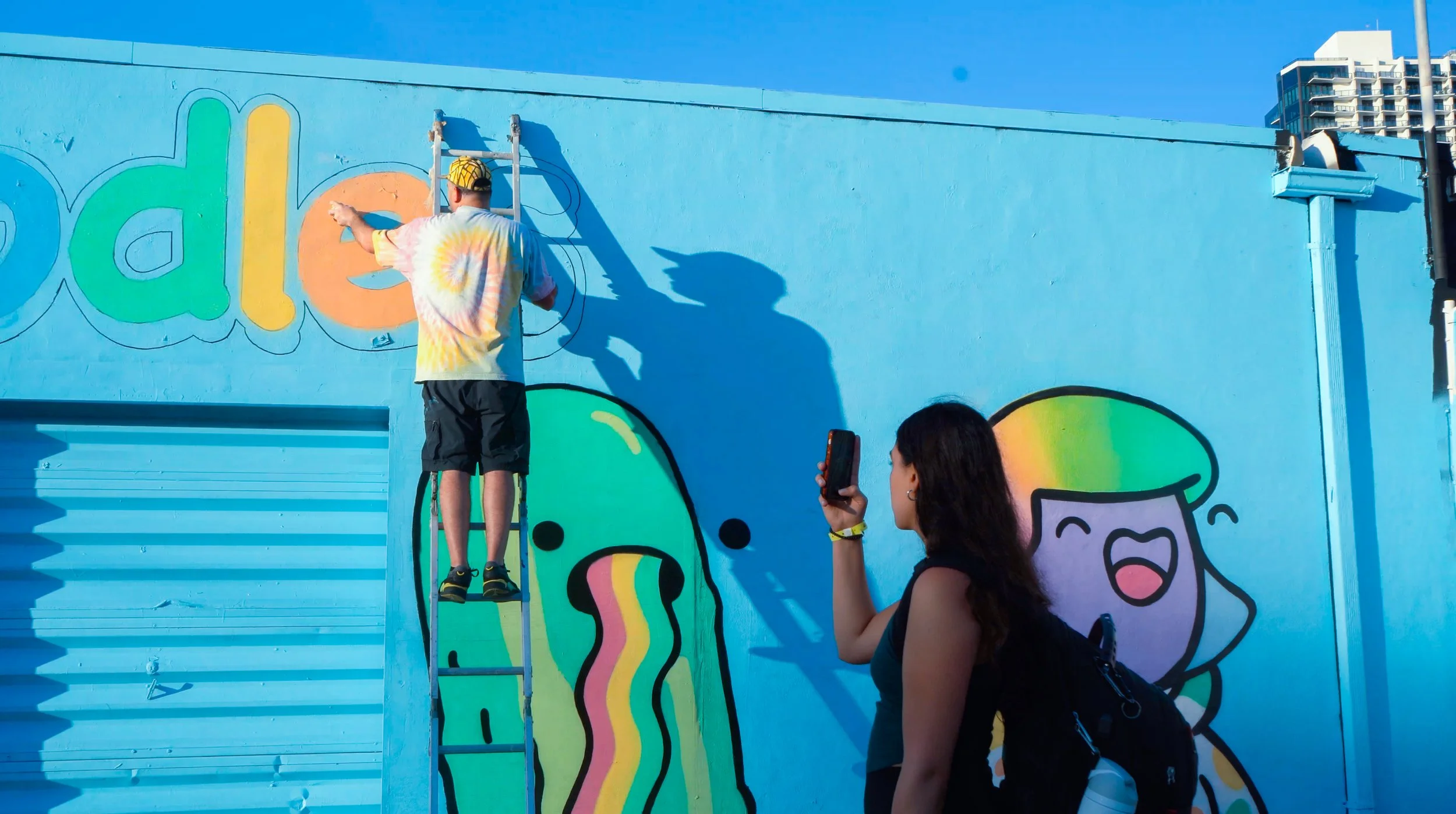 Doodles Mural - White Walls Mural - Miami Wynwood Midtown Miami Murals - Painted by Roc Sol and Dee Perez from Project Roadmap Murals - Wynwood Walls - Wynwood Mural - Miami Murals - Doodles NFT Mural - Pharrell Williams - Blondie White Walls App