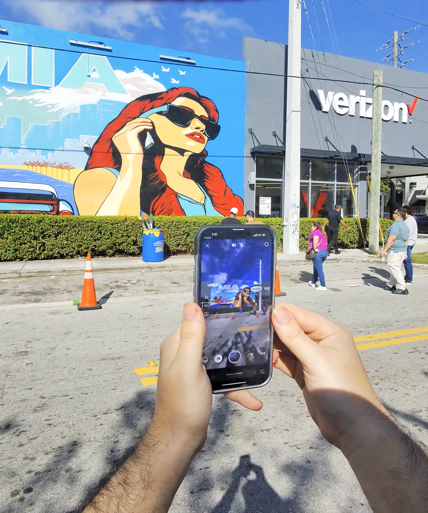 Miami Verizon Mural Selfie with Power 96 Power96 Roc Sol Dee Perez Miss Lushy Project Roadmap Murals in Wynwood Midtown Miami Coconut Grove and Hialeah Murals Project Love Letters to Miami Murals BrandXR Augmented Reality AR Mural