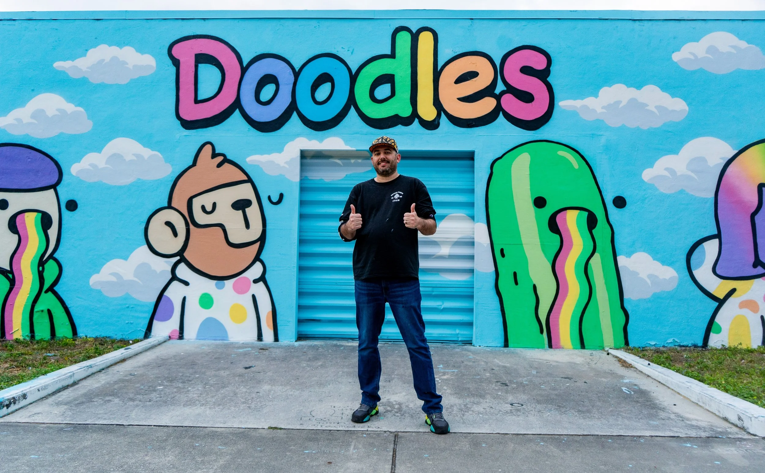 Doodles Mural - White Walls Mural - Miami Wynwood Midtown Miami Murals - Painted by Roc Sol and Dee Perez from Project Roadmap Murals - Wynwood Walls - Wynwood Mural - Miami Murals - Doodles NFT Mural - Pharrell Williams - Blondie White Walls App
