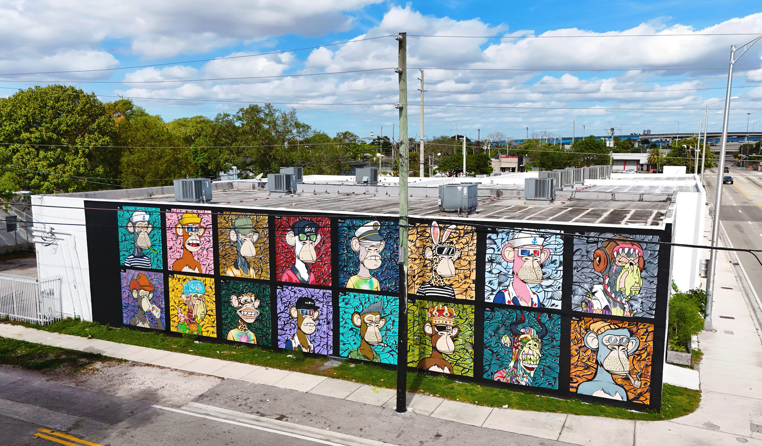 Bored Ape Wall of Fame Mural in Miami by Roc Sol Wynwood Allapattah - BAYC Mural in Miami - Drone Photo