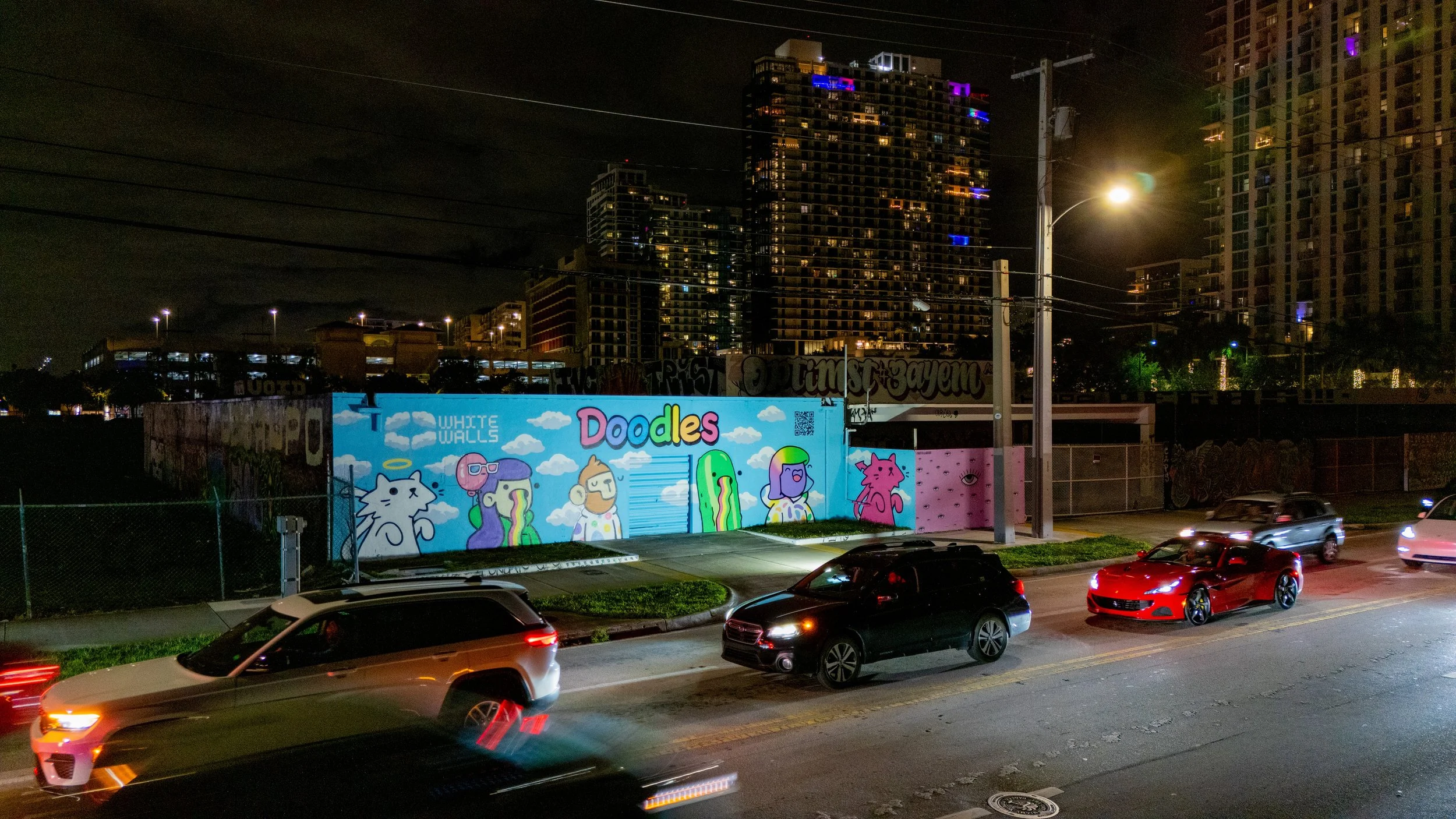 Doodles Mural - White Walls Mural - Miami Wynwood Midtown Miami Murals - Painted by Roc Sol and Dee Perez from Project Roadmap Murals - Wynwood Walls - Wynwood Mural - Miami Murals - Doodles NFT Mural - Pharrell Williams - Street Art - Blondie Whit