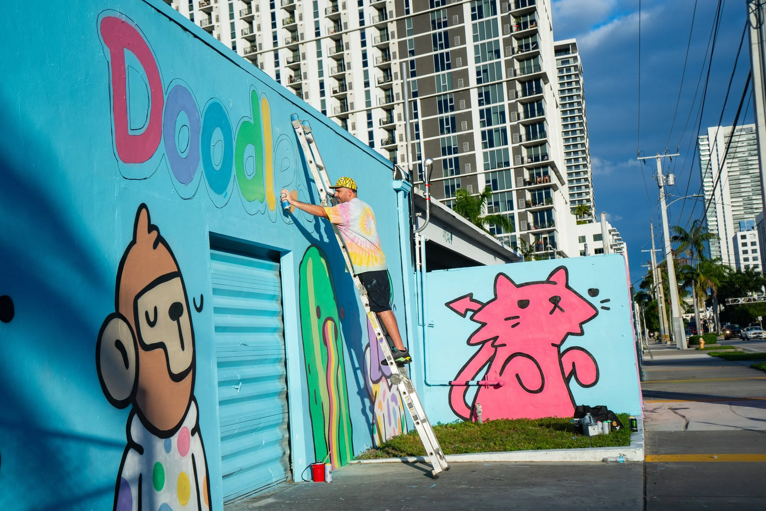 Doodles Mural - White Walls Mural - Miami Wynwood Midtown Miami Murals - Painted by Roc Sol and Dee Perez from Project Roadmap Murals - Wynwood Walls - Wynwood Mural - Miami Murals - Doodles NFT Mural - Pharrell Williams - Blondie White Walls App