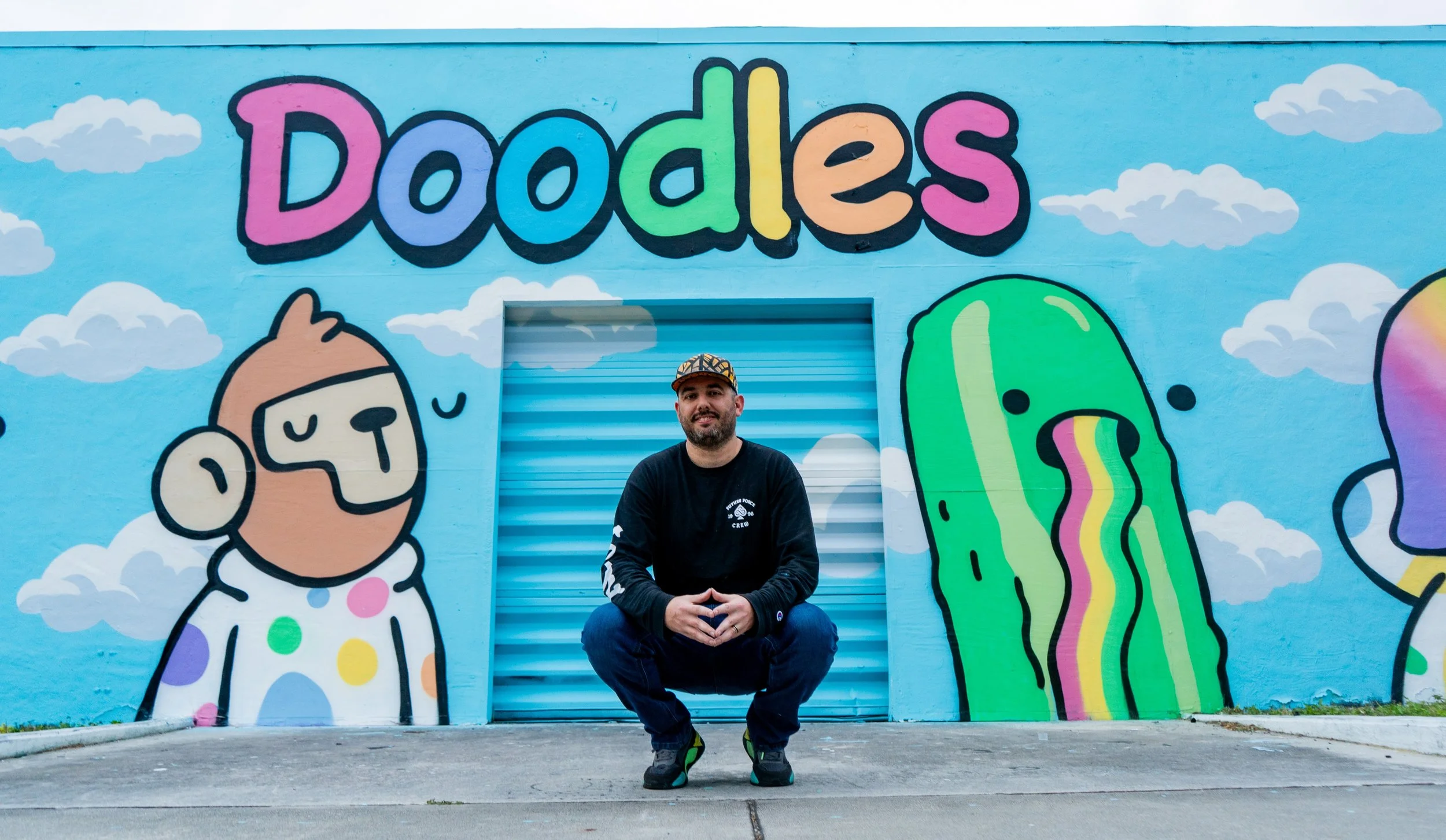 Doodles Mural - White Walls Mural - Miami Wynwood Midtown Miami Murals - Painted by Roc Sol and Dee Perez from Project Roadmap Murals - Wynwood Walls - Wynwood Mural - Miami Murals - Doodles NFT Mural - Pharrell Williams - Street Art - Public Art -