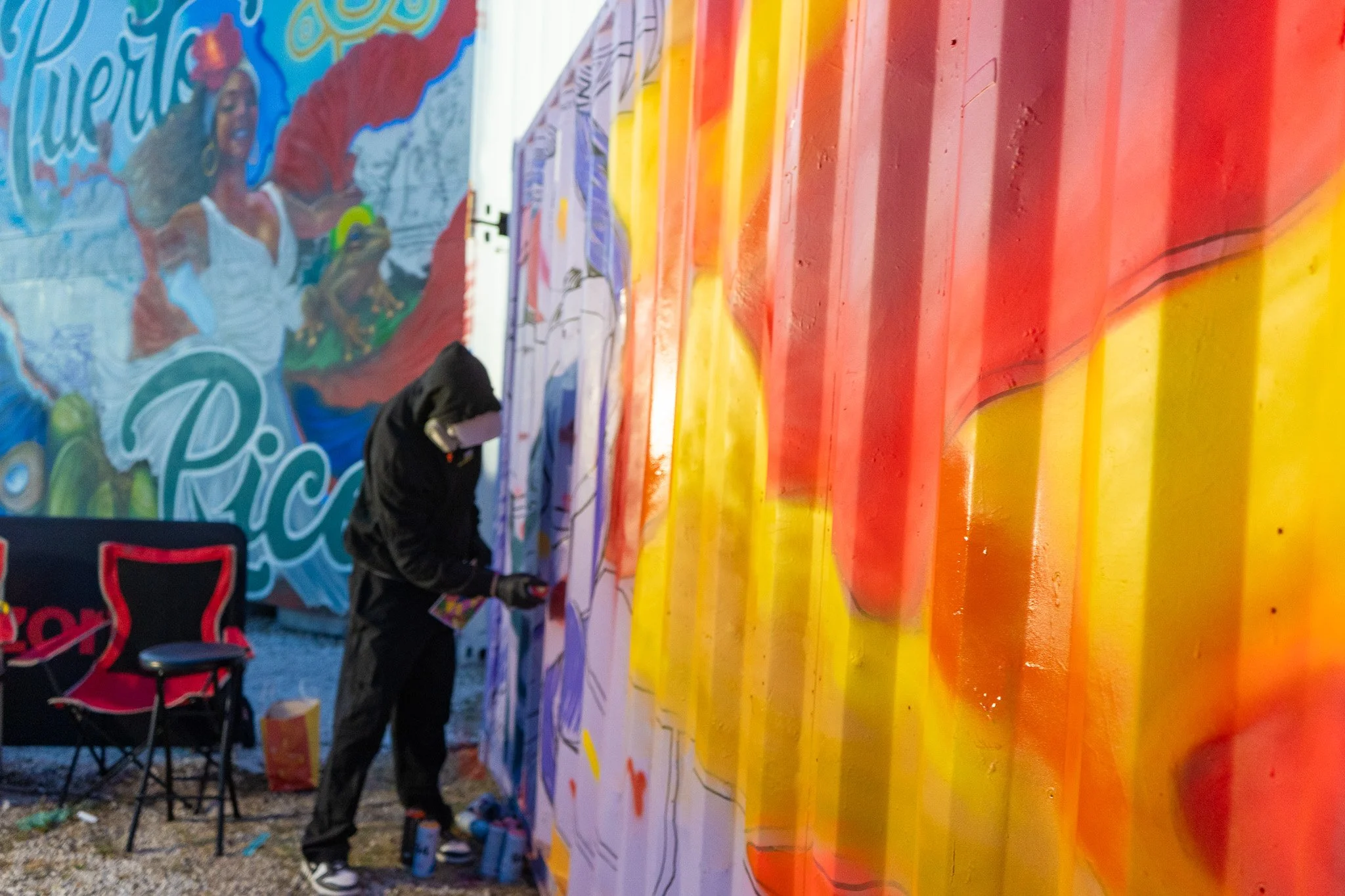 HIVE 2024 A cocktail art and culinary village in Wynwood Miami Art Week Live painting a Mural Container for Verizon Miami Art Week Art Basel Mural with Roc Sol Dee Perez and Miss Lushy with Project Roadmap Murals at The Wynwood Marketplace with DJ Fr