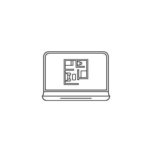 Minimalist illustration of a laptop displaying a floor plan on the screen.