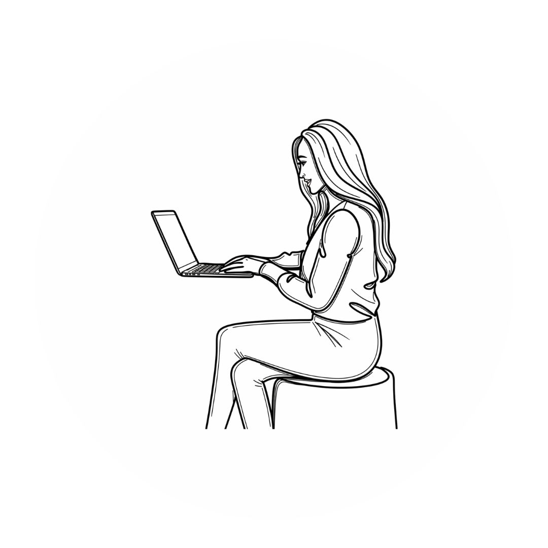 Minimalist line drawing of a woman working on a laptop