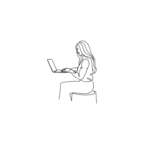Minimalist line drawing of a woman working on a laptop