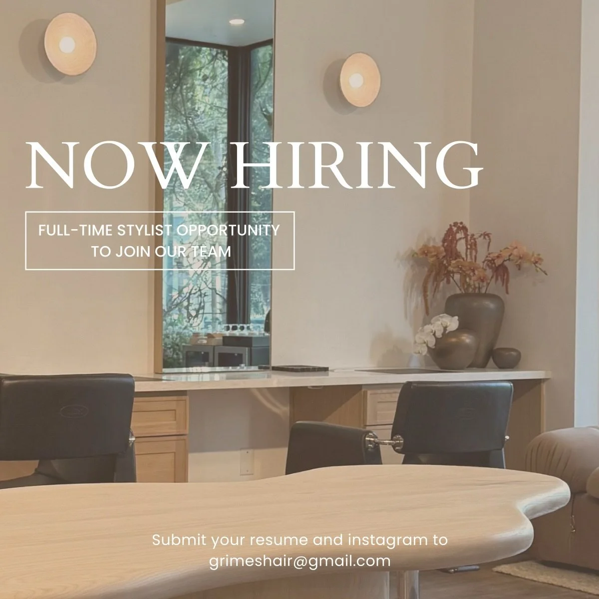 We&rsquo;re looking to welcome a full-time stylist who takes pride in exceptional work and delivering an elevated client experience.🤍 Email us to get in touch: grimeshair@gmail.com