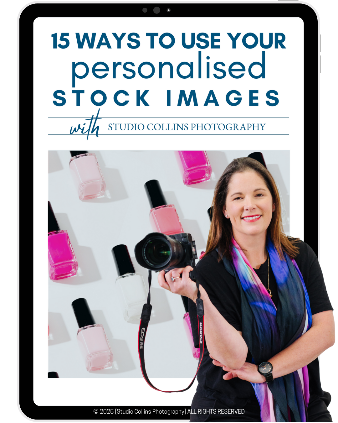 Book cover titled "15 Ways to Use Your Personalised Stock Images with Studio Collins Photography" featuring a woman holding a camera, standing in front of a wall decorated with nail polish bottles.