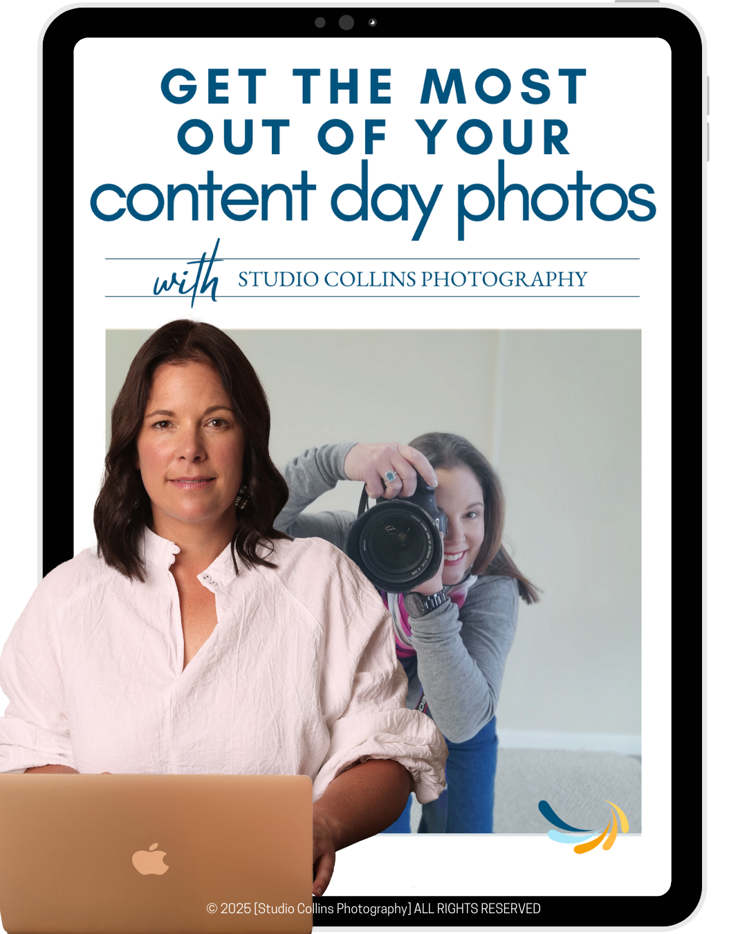 A promotional poster for Studio Collins Photography showing a woman with dark hair sitting in front of a laptop and a photographer with a camera taking a picture.