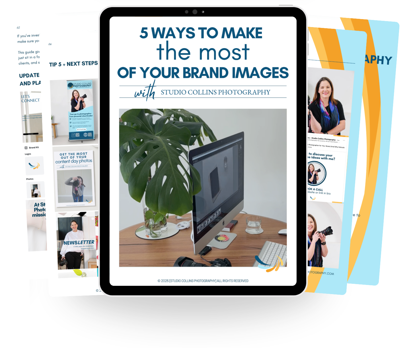 Stacked pages and a tablet showing a guide titled '5 Ways to Make the Most of Your Brand Images' by Studio Collins Photography, featuring a photo of a woman holding a camera and a workspace with a monitor, plant, and photography equipment.